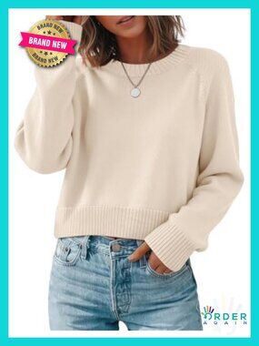 Cropped Crewneck Knit Pullover Sweater for Women Fall Long Sleeve Soft